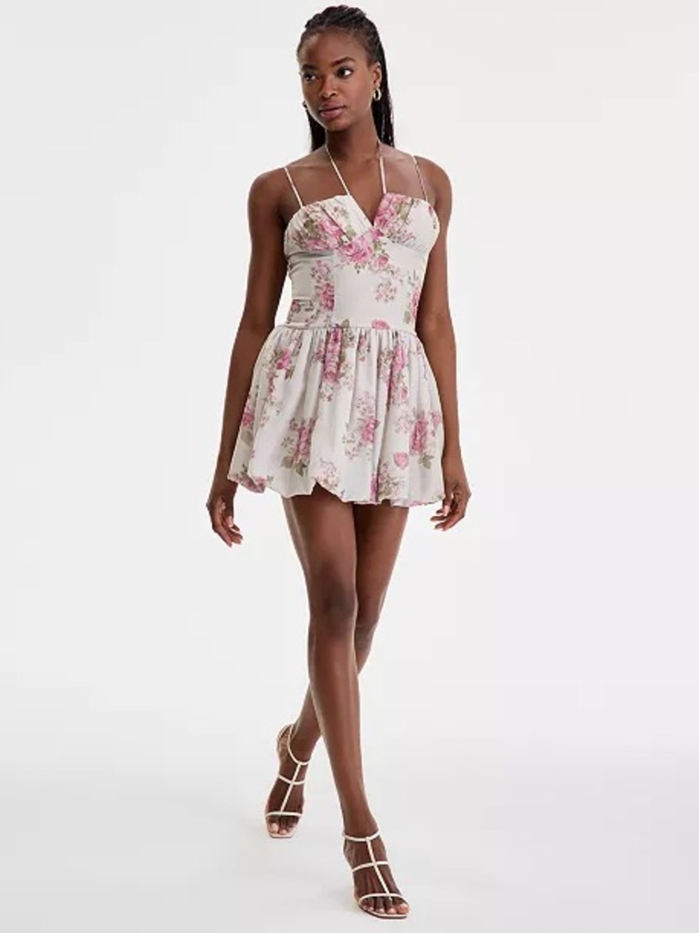 Floral Spaghetti-Strap Mini Dress in Cream with Pink Rose Print